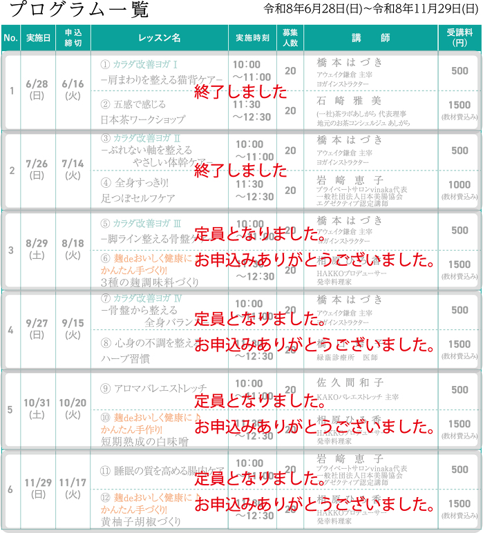 令和8年度 未病改善レッスンプログラム一覧