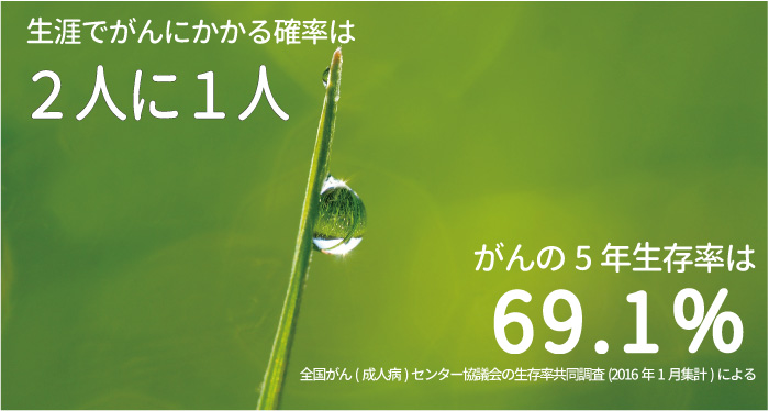 しょうがいでがんにかかる確率は2人に1人 がんの5年生存率は69.1% 全国がん(成人病)センター協議会の生存率共同調査(2016年1月集計)による しょうがいでがんにかかる確率は2人に1人 がんの5年生存率は69.1% 全国がん(成人病)センター協議会の生存率共同調査(2016年1月集計)による